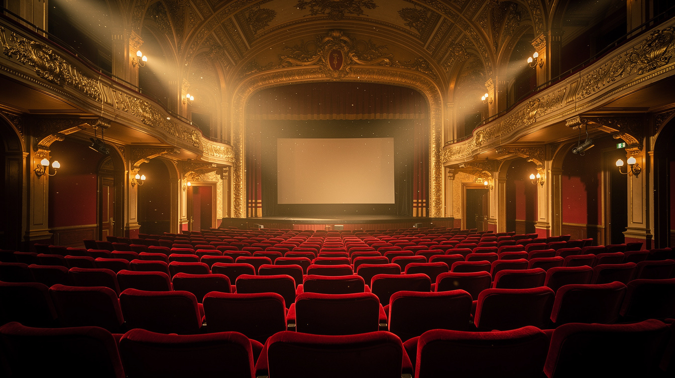 Elegant vintage cinema hall with red velvet seats