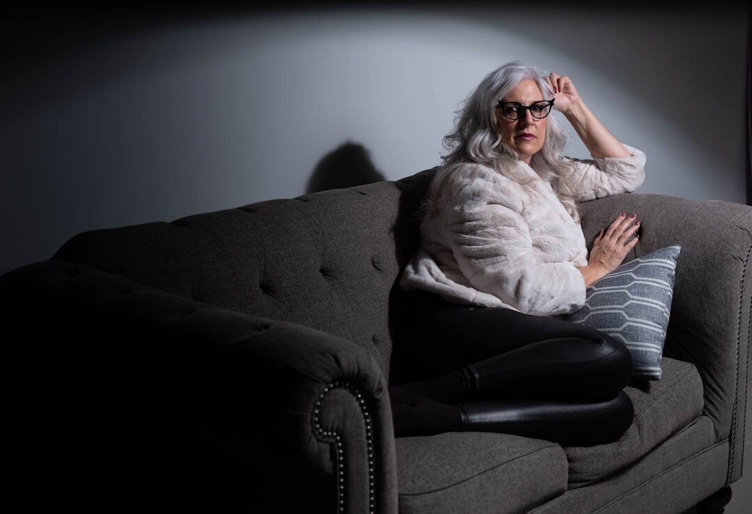 Senior Belgian actress studio portrait with silver hair