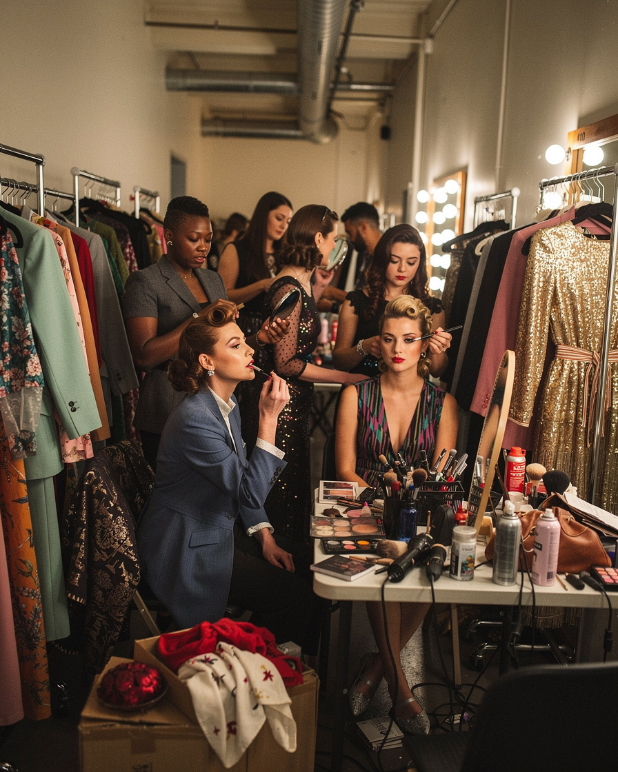 Backstage at a vintage fashion show with models preparing