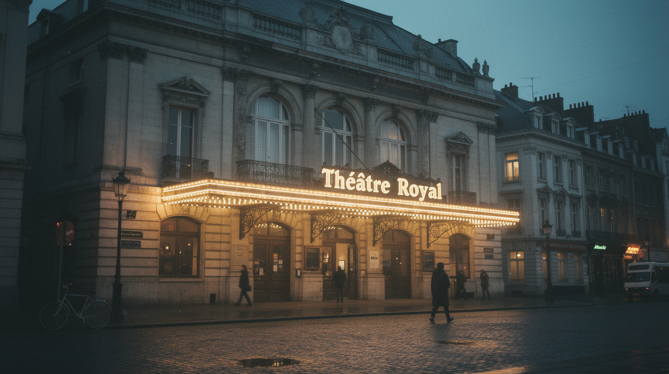 Vintage Brussels theatre marquee lights at night
